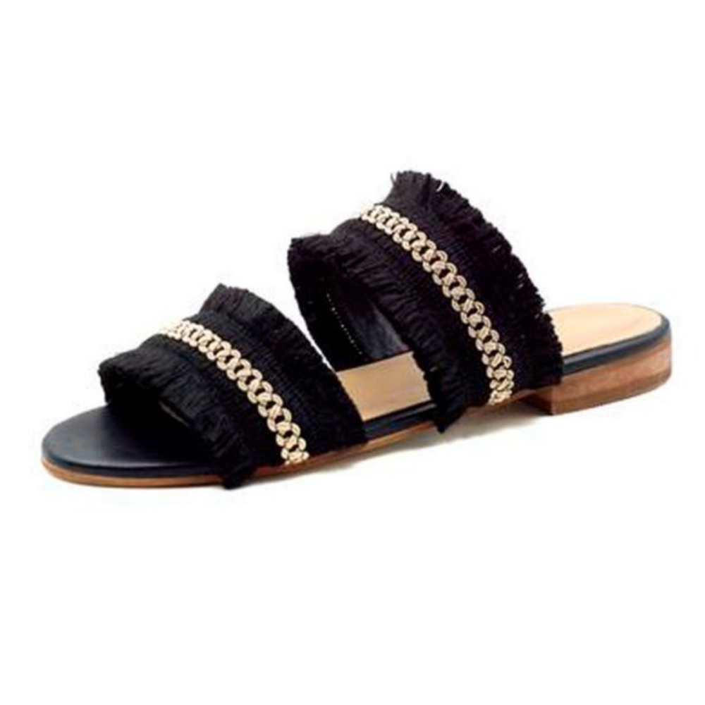 Kaanas Black Yassica Frayed Slip On Sandals